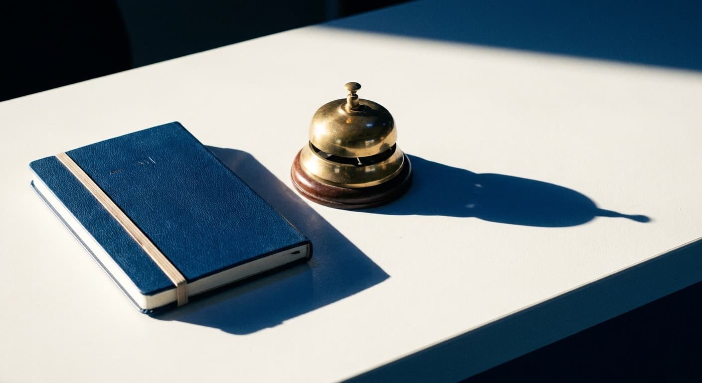 A brass reception bell beside a closed booking diary.