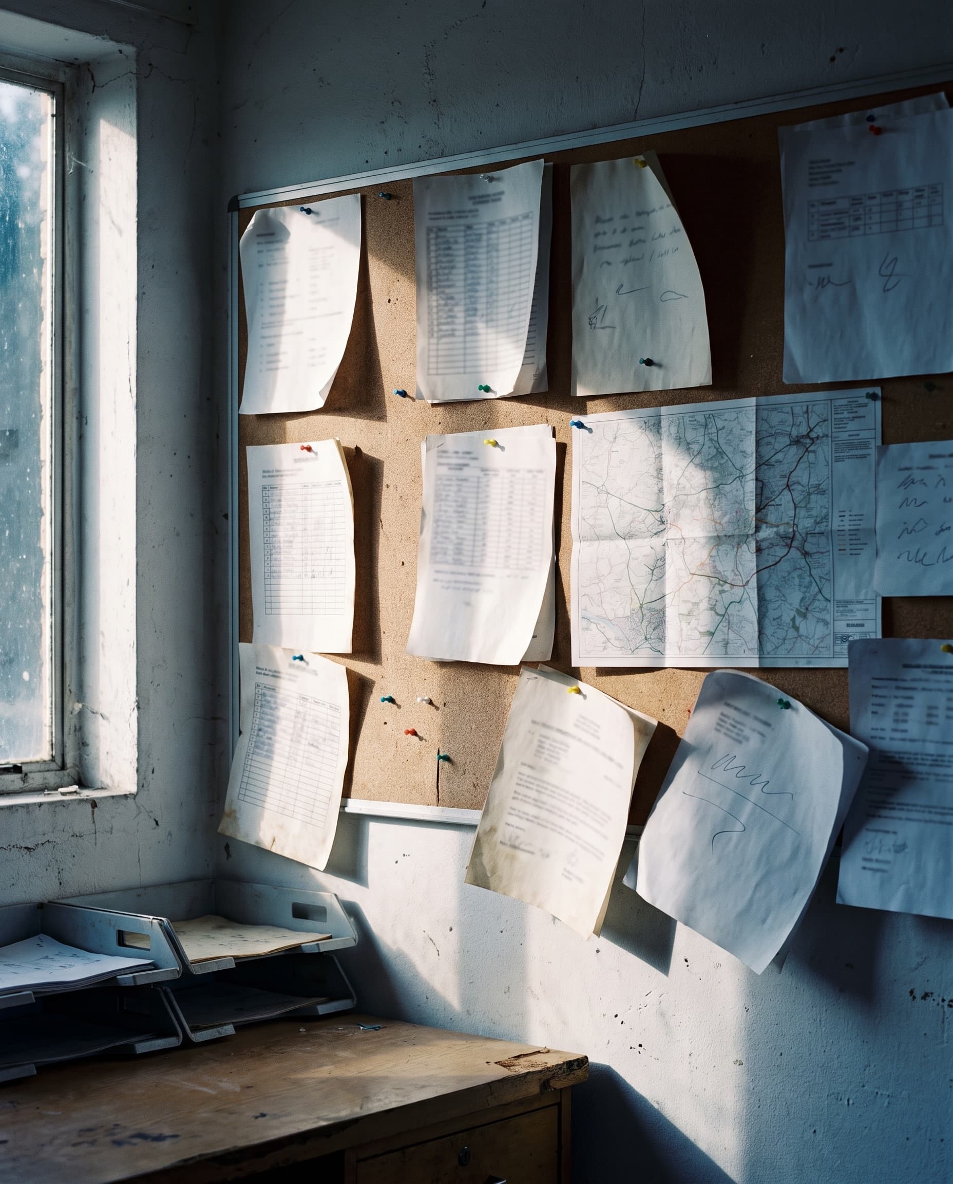 A cork pinboard in a small site office with rosters and a map pinned up, daylight from a window.
